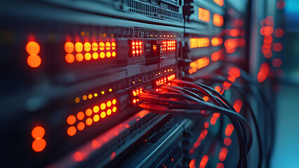 Server room with routers, cables, servers, IOT, very detailed, hyper quality