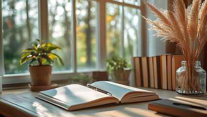 Notebook and pen on a study table with a window in the background. This room features a modern minimalist style