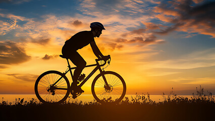 Silhouette of a man cycling with complete safety accessories, sunset background.