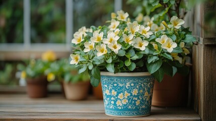 Vibrant yellow flowers in a decorative pot on a wooden shelf among greenery in a serene setting