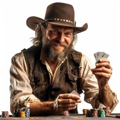 Gambler Holding Cards in Western Saloon Setting