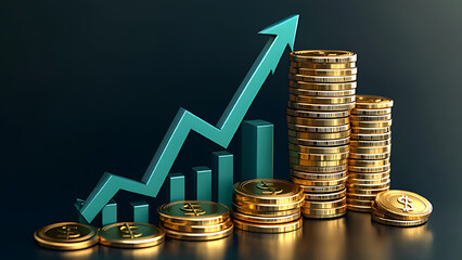 Stock market concept illustration. Below the arrows, there is a series of 3D bar charts in alternating gold colors, representing financial data. To the right of the graph, several 3D coins with golden