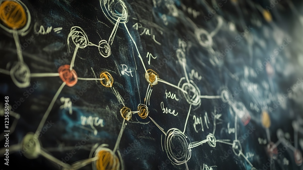Aufkleber Chaotic blackboard filled with various mathematical formulas diagrams and symbols representing the abstract process of problem solving creative thinking and in an educational or academic setting