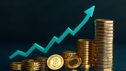 Stock market concept illustration. Below the arrows, there is a series of 3D bar charts in alternating gold colors, representing financial data. To the right of the graph, several 3D coins with golden