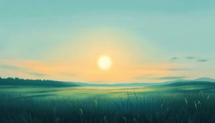 Fototapeta premium Serene Sunset Over Rolling Green Fields and Distant Trees