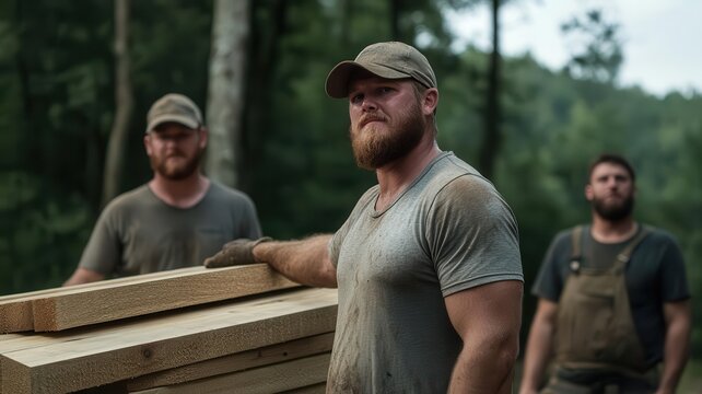 A group of hardworking lumberjacks in a forest setting, showcasing strength and teamwork while handling wooden planks. Man build construction wooden concept.