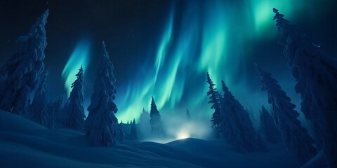 Fototapeta premium Mesmerizing Green Aurora Over Snowy Trees