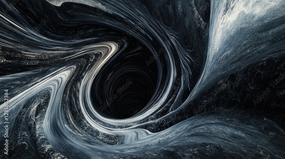 Poster Abstract swirling vortex with monochromatic tones reflecting depth and mystery, creating an illusion of space and movement in a captivating visual experience.