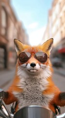 Fototapeta premium A fox riding a motorcycle in a city alley urban environment playful art adventure concept