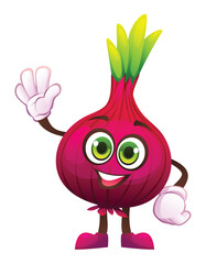 Cute onion character waving happily. Vector cartoon illustration