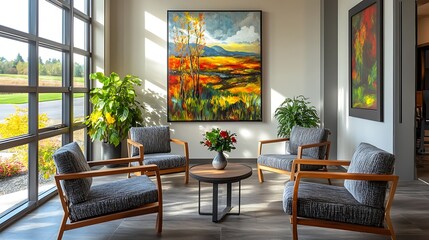 Modern art gallery interior with vibrant landscape painting