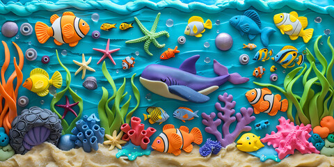Fototapeta premium Colorful clay art of an underwater scene with various fish, a whale, coral, and starfish.