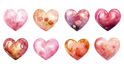 A collection of eight watercolor hearts with floral and abstract designs in shades of pink, red, purple, and gold.