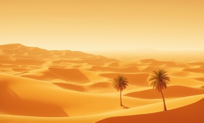 Golden desert landscape with palm trees