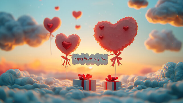 A dreamy Valentine’s Day scene with heart-shaped balloons, love messages, and wrapped gifts floating among the clouds.