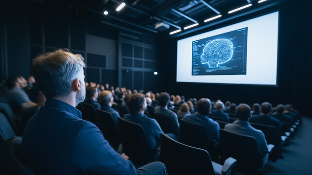 The Brain's Power: A captivated audience gazes intently at a projected image of a brain during a presentation or conference. The image represents a symbol of knowledge and learning.