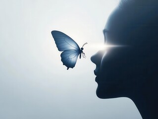A serene silhouette of a person with a butterfly resting near their face, symbolizing transformation and connection with nature. Creativity idea and vision concept.