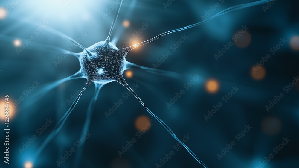 Poster intricate neuron network: a captivating close-up of a single neuron, its intricate structure and bra