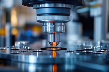 High precision machinery assembling a transparent glass vial filled with a golden liquid in a modern manufacturing facility