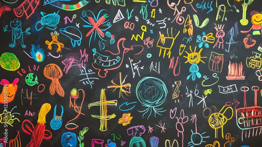 Poster colorful and chaotic doodle pattern with a childlike playful aesthetic featuring a vibrant backgroun
