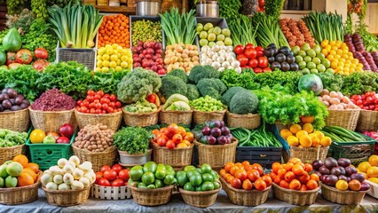 Obraz premium Fresh fruit and vegetable display on a market stall, supermarket, fresh produce, supermarket