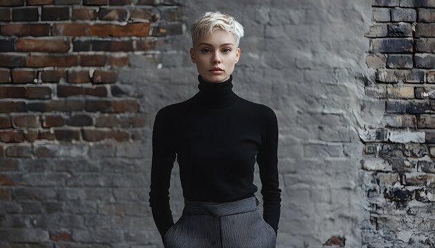 Blonde woman wearing black turtleneck and striped pants