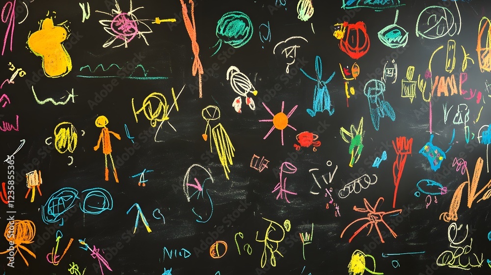 Poster Colorful and imaginative chalk drawings created by playful children on a blackboard representing their creativity self expression and in an educational setting like a classroom