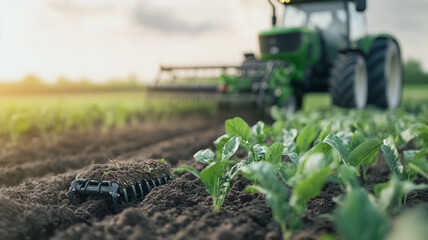 Fototapeta premium Farming: Close up of young green shoots pushing up through the soil, a testament to the hard work and dedication of farming.