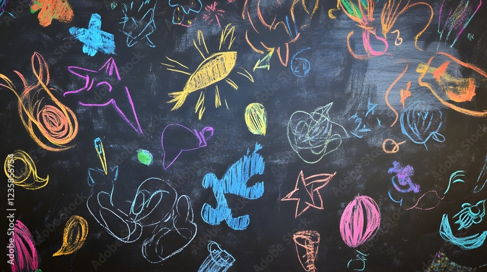 Poster colorful chalk doodles scribbles and drawings on a dark chalkboard background with abstract playful 