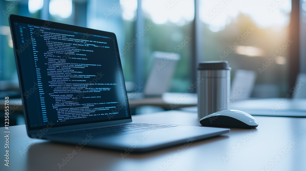 Poster laptop with code: a close-up shot of a laptop displaying lines of code, suggesting a programmer's wo
