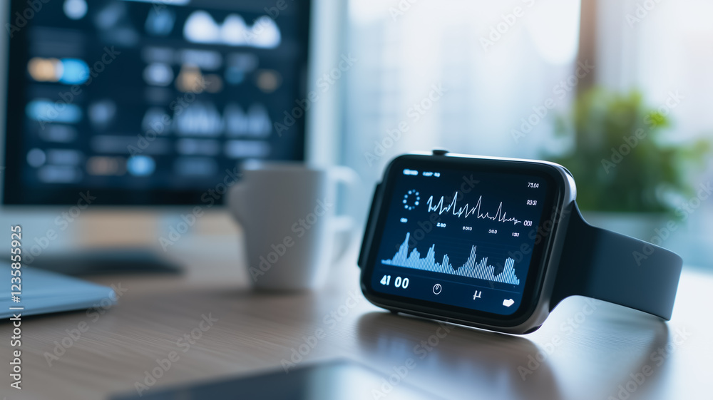 Poster smartwatch analytics: a smartwatch displaying data graphs rests on a desk beside a computer monitor,