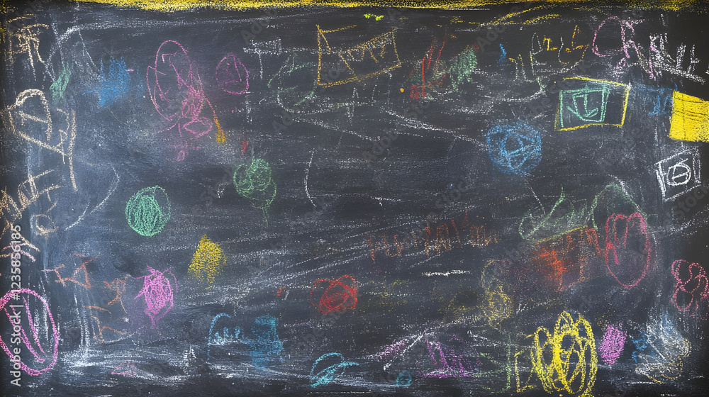 Poster Colorful chalkboard filled with vibrant doodles scribbles and abstract shapes evoking a sense of playful expression  This image can represent education learning brainstorming or