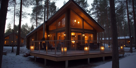 Fototapeta premium Cozy Wooden Cabin in a Snowy Winter Forest with Warm Light