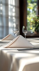 A neatly set dining table with folded napkins and wine glasses, creating an inviting atmosphere.