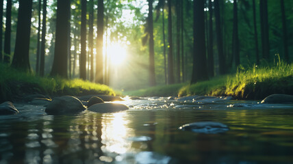Sunlit Forest Stream: A tranquil scene of a sunlit stream flowing through a verdant forest, with sunlight streaming through the trees, casting a magical glow on the water.