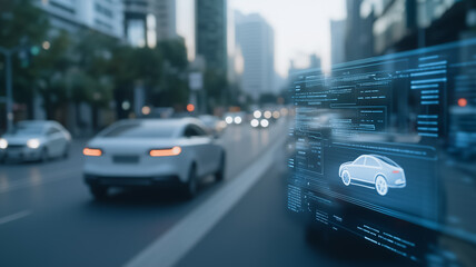 Autonomous Vehicle Interface: A sleek digital interface showcasing real-time data overlays on a city street, highlighting the concept of self-driving cars and smart transportation.