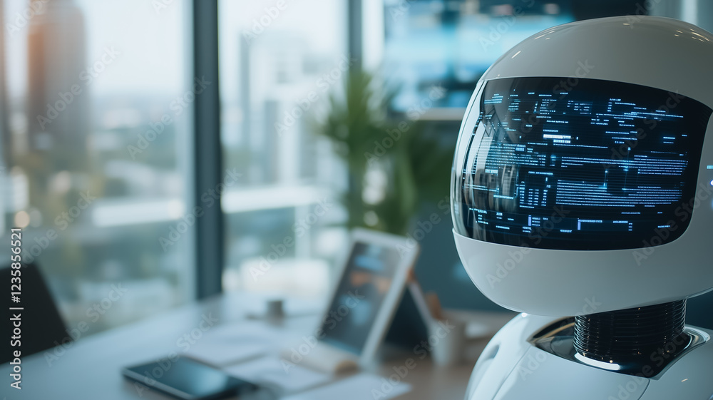 Poster ai assistant in modern office: a futuristic robot with a transparent screen displaying data sits on 