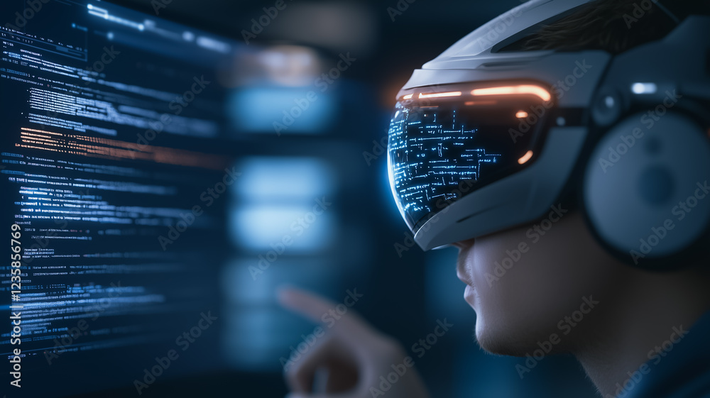 Poster digital realm: a young, determined coder immersed in a world of virtual reality, their focus intense