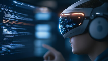 Digital Realm: A young, determined coder immersed in a world of virtual reality, their focus intense as they navigate lines of code through a futuristic headset.