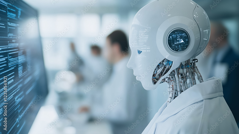 Poster ai assistant in tech lab: a humanoid robot, sleek and white, intently observes data streams on a lar
