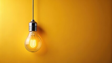 Simple Hanging Light Bulb on Yellow Background, single light source, serene mood