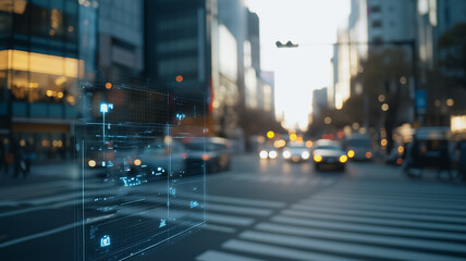 Urban Tech Interface:  A futuristic cityscape with blurred traffic and pedestrians, superimposed with a vibrant digital interface, representing the intersection of technology and urban life.