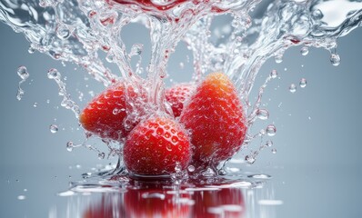 Fresh strawberries splashing in water