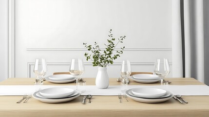 A neatly set dining table with elegant tableware and a vase of greenery as a centerpiece.