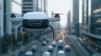 Urban Air Delivery: A futuristic white drone with sleek lines,  navigates through a bustling cityscape, showcasing the potential of aerial delivery in modern urban environments.