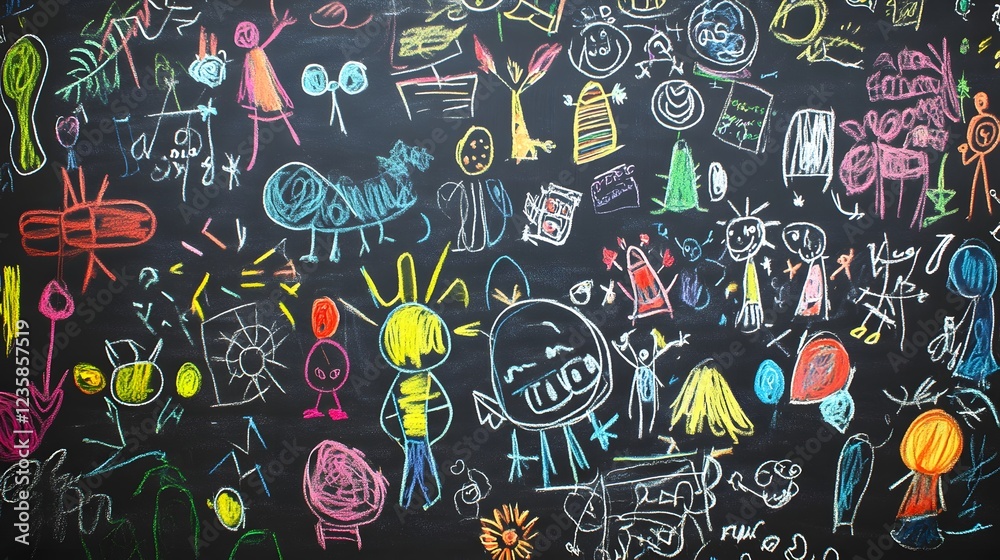Aufkleber colorful whimsical doodle with playful childlike drawings and sketches on a black chalkboard or blac