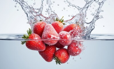 Fresh strawberries splashing in clear water