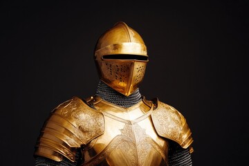 medieval knight in golden-plated armor adorned with intricate engravings stands in battle-ready pose with copy space