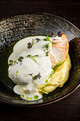 A beautifully plated salmon fillet rests on creamy mashed potatoes, drizzled with a rich sauce and garnished with microgreens, presenting an exquisite culinary delight. 