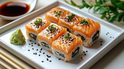 Delicious sushi rolls topped with fresh salmon, served on a white plate with wasabi and soy sauce